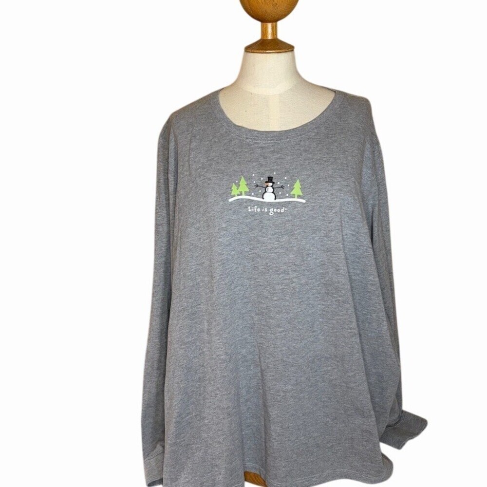 Life is Good T-Shirt Womens 2XL Gray Long Sleeve Snowman Winter Graphic